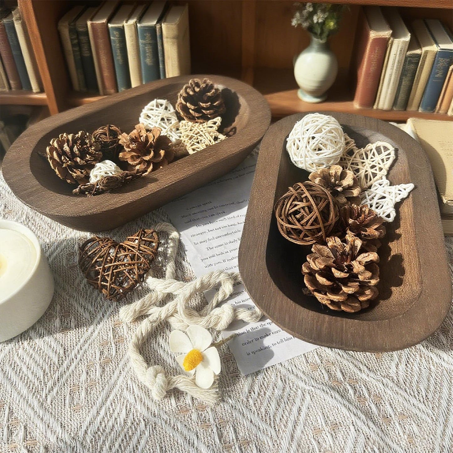 cachiv 4 Pack Dough Bowl for Candle, Wooden Decorative Bowls Paulownia Rustic Hand Carved Wooden Bowls for Candle Making Key Living Room 10"x6"x2" Brown