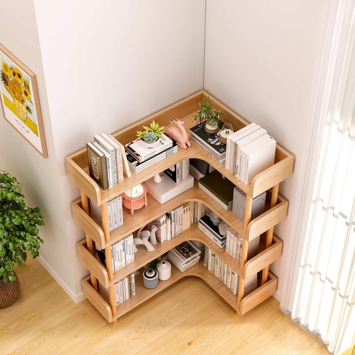 OSCHF Wooden Reversible Corner Bookshelf - Modern 4 Tiers L-Shaped Bookcase with Solid Wood Frame and Edge Protection for Home and Office, Open Storage Shelf, Oak