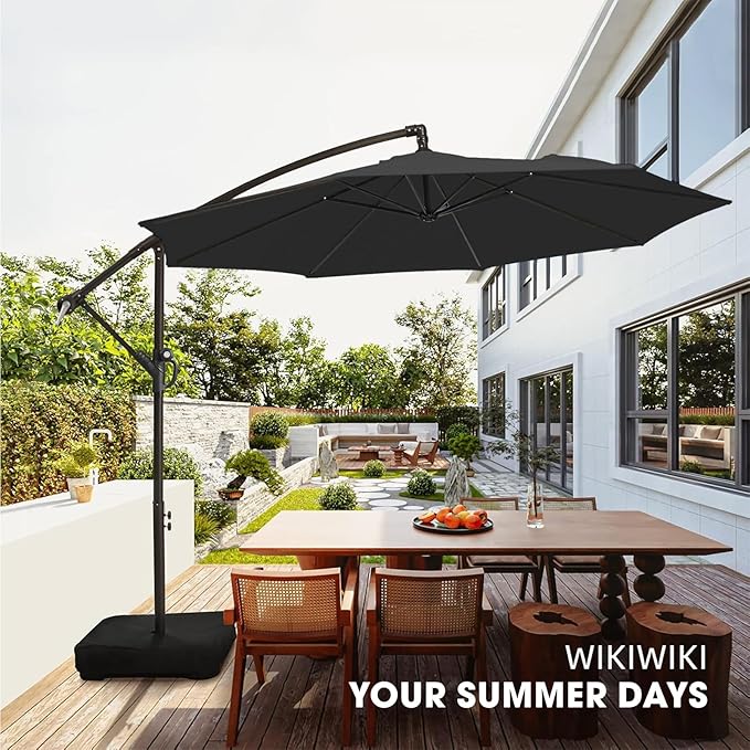 wikiwiki 10ft Patio Umbrella with Base Included, Outdoor Offset Cantilever Umbrella with Sandbag Base for Backyard, Garden and Pool, Easy to Tilt and Crank, Black