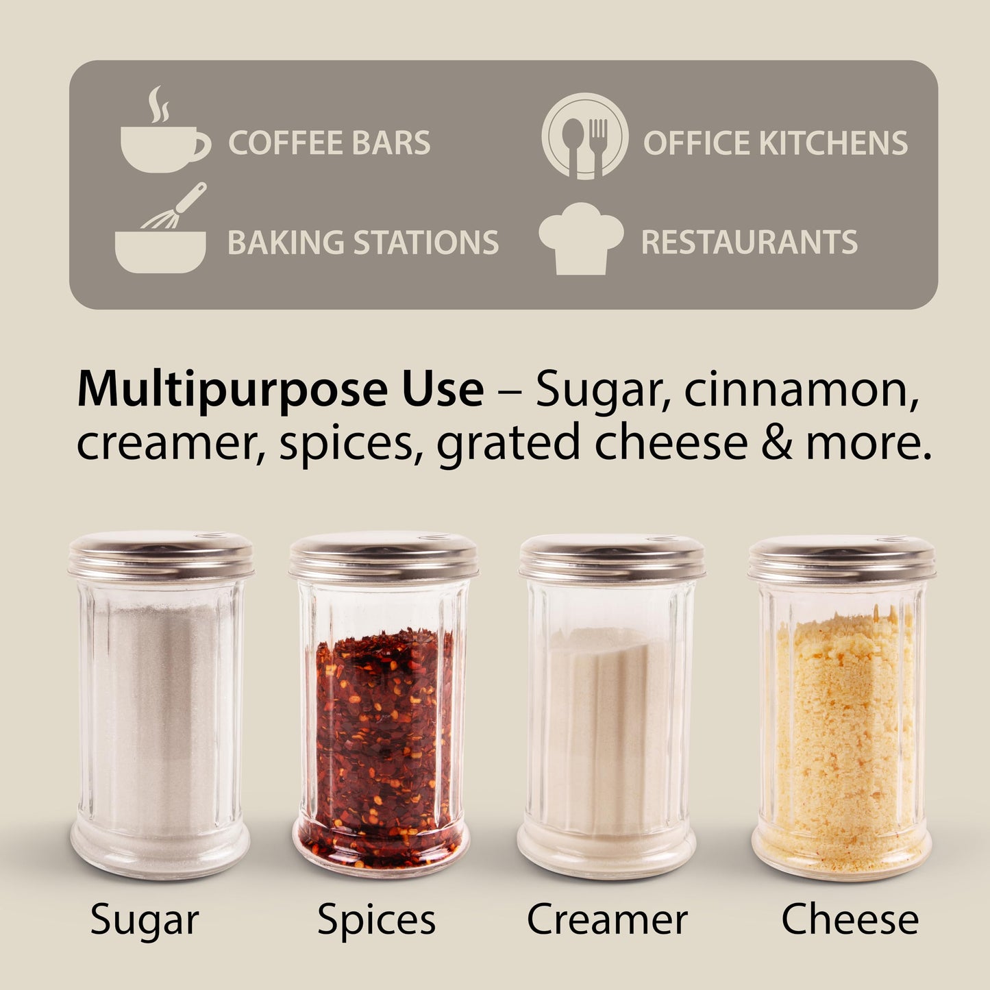 2 Pack Salt Sugar Shaker dispenser - Powder Sugar Dispenser Canisters - Glass Sugar Container with lid - Spice, Cinnamon, Baking Soda, Pourer Bottle Jar holder for Coffee Bar or Kitchen Countertop