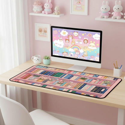 Cute Bookshelf Deskmat, Pink Desk Pad Mousepad XXL, Game Pad, Large Office Desk Keyboard Mat, Anti Slip Rubber Base and Sewn Edge Mouse Mat, Beautiful Reading Space Desktop Decor 31.5"X15.7"