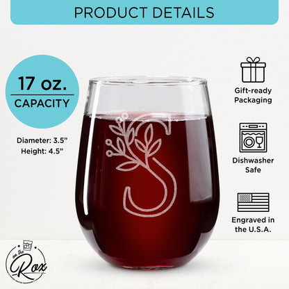 On The Rox Drinks Monogrammed Gifts For Women and Men - Letter A-Z Initial Engraved Monogram Stemless Wine Glass - 17 Oz Personalized Wine Gifts For Women and Men (S)