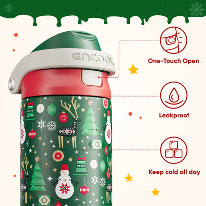 Christmas Insulated Water Bottle with Straw - Leak Proof Stainless Steel Water Bottle for School, Travel, Keeps Cold All Day, One-Touch Flip Lid, Holiday Gifts For Women Men, 24 oz, Frosty Forest