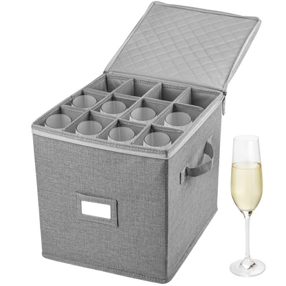 LotFancy Champagne Flute Storage Container, Hard Shell, Stackable, 12" Tall Wine Glass Storage Box with Dividers & Handles, Stemware, Crystal Glassware, Drinkware Case for Moving, Grey