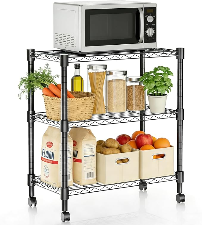 Xcity Storage Shelves, 3 Tier Heavy Duty Metal Shelving Unit with Wheels, 1050 LBS Capacity Adjustable Steel Wire Shelf Organizer for Pantry, Kitchen, Garage, 14" D x 24" W x 30" H, Black
