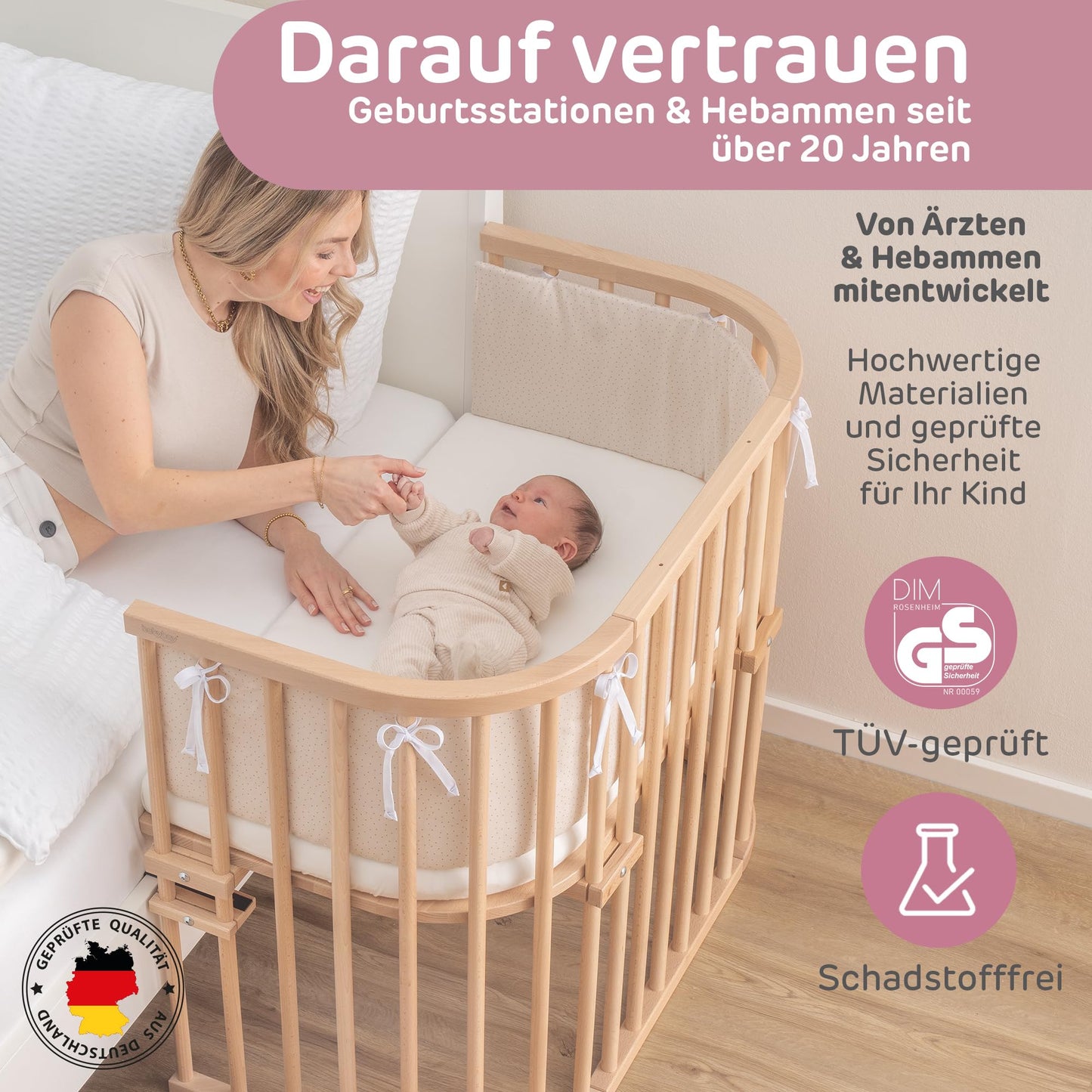 babybay Maxi Extra Large Side Bed Made of Solid Beech Wood/Children's Bed Height Fully Adjustable & Environmentally Friendly/with Mattress, Grid, Wheels (Natural Varnish)