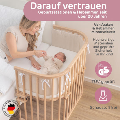 babybay Maxi Extra Large Side Bed Made of Solid Beech Wood/Children's Bed Height Fully Adjustable & Environmentally Friendly/with Mattress, Grid, Wheels (Natural Varnish)