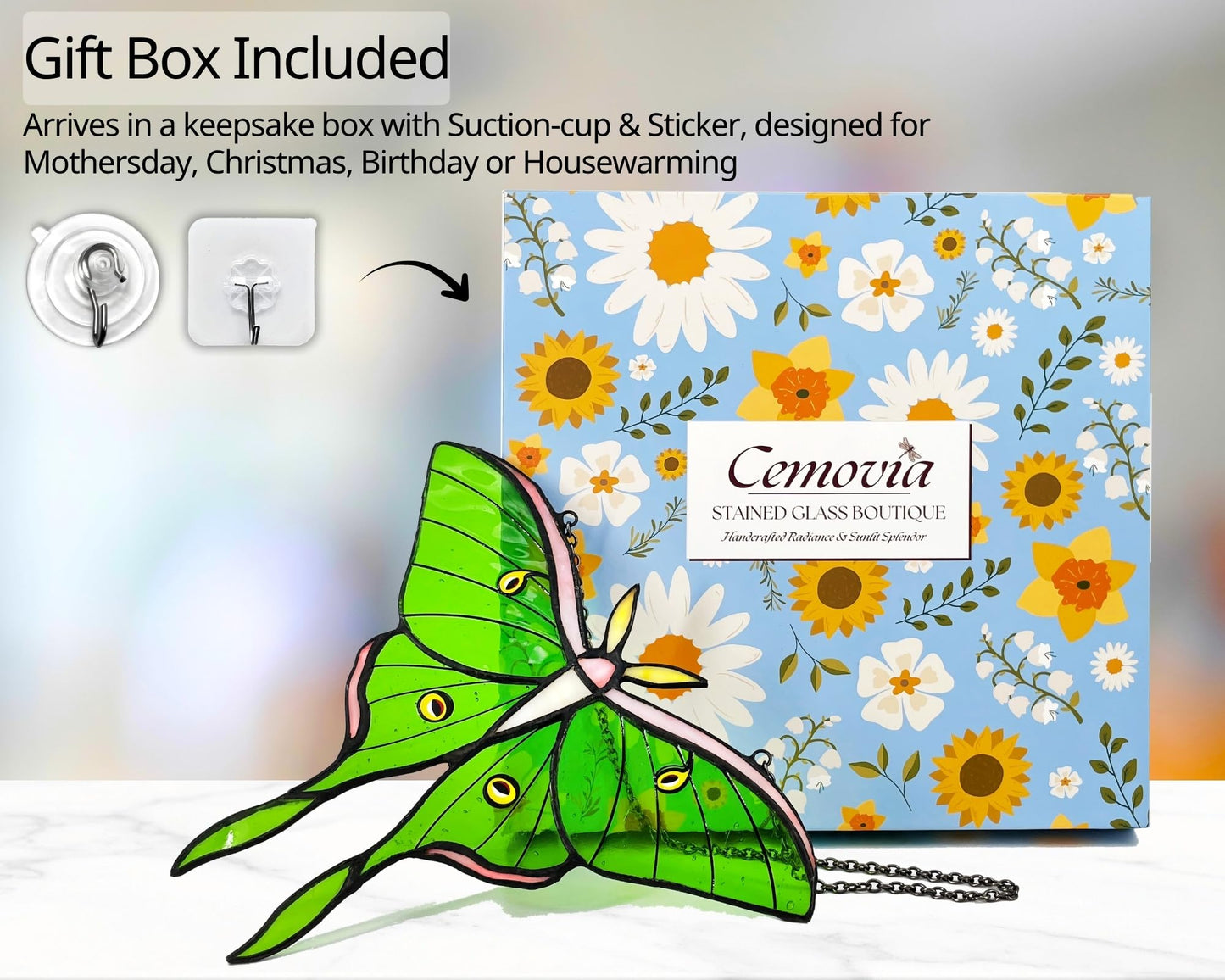 Cemovia Luna Moth Stained Glass Window Hanging - Handmade Real Glass Suncatcher - Elegant Green Moon Moth Butterfly Light Catcher Gifts for Mother, Women, Grandma (Gifts-Box provided)