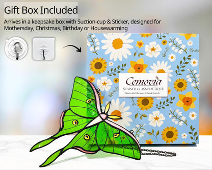 Cemovia Luna Moth Stained Glass Window Hanging - Handmade Real Glass Suncatcher - Elegant Green Moon Moth Butterfly Light Catcher Gifts for Mother, Women, Grandma (Gifts-Box provided)