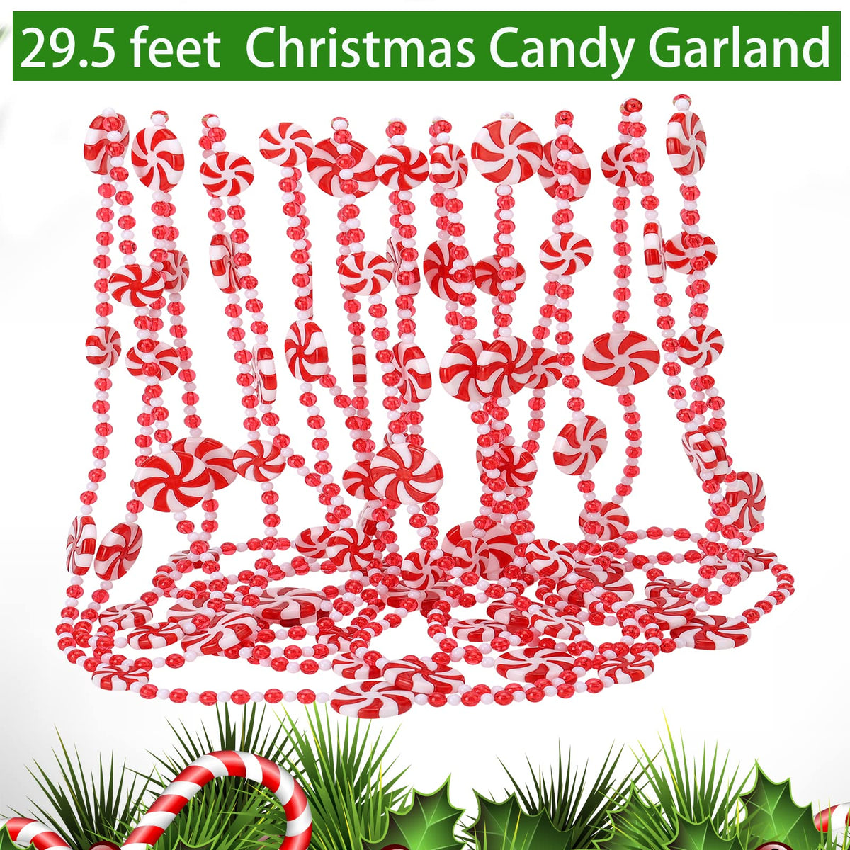 TFTAFAN 29.5ft Plastic Christmas Candy Cane Garland, Red & White, 21pcs, 354in, Artificial, Non-Lighted, Ideal for Christmas Tree, Fireplace, Indoor Decor
