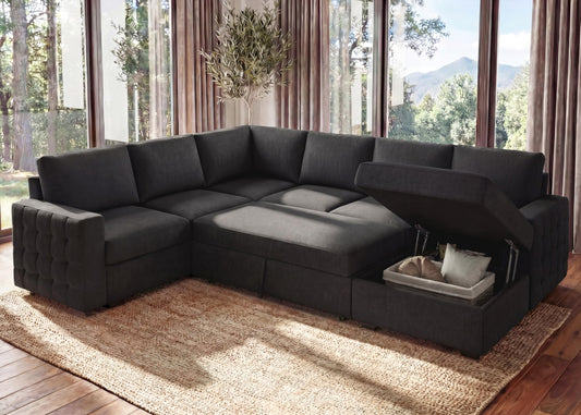 Leathaire 111 Inch Sectional Sleeper Sofa with Pull Out Bed, U Shaped 6 Seat Modular Sectional Couch with Storage for Living Room, Dark Grey
