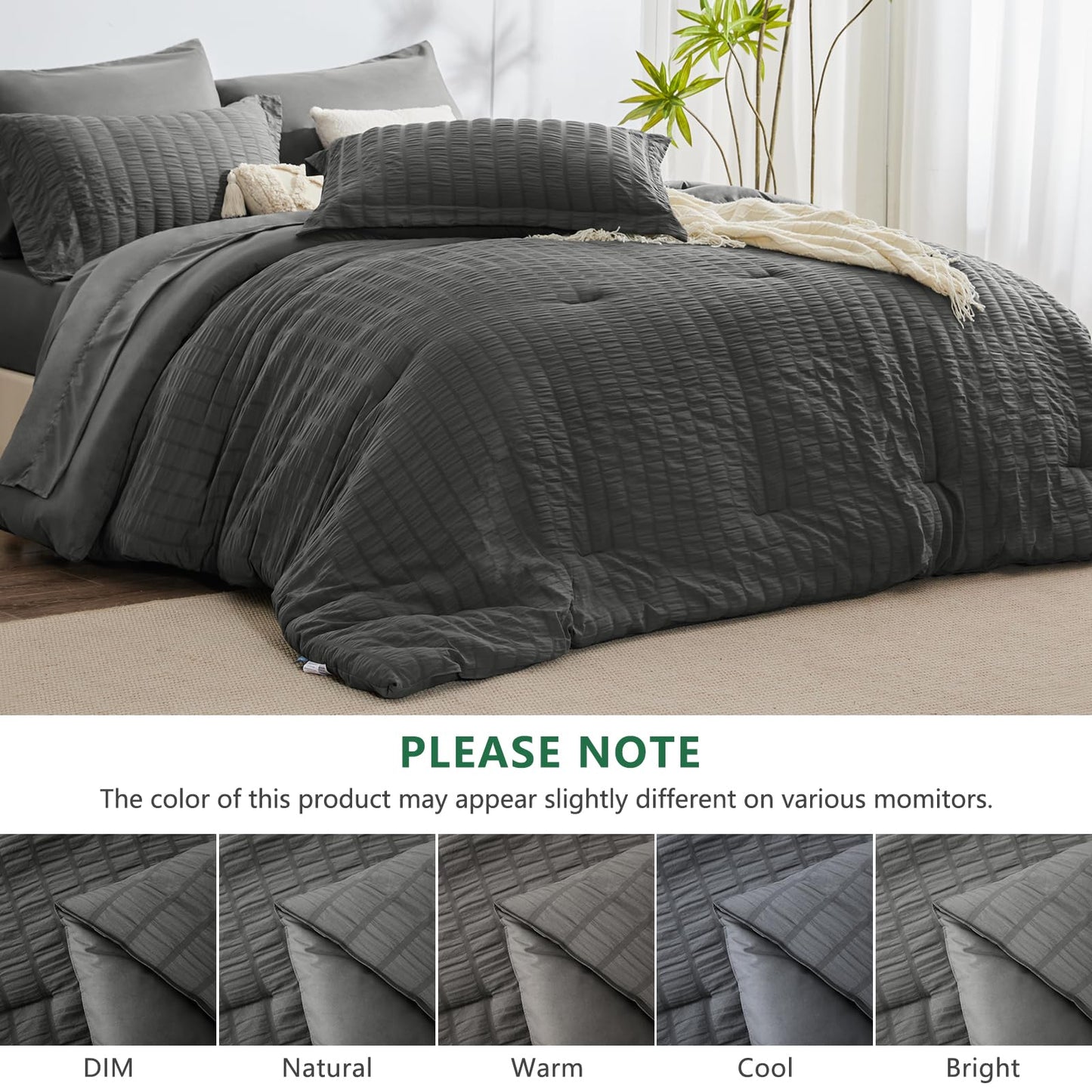 HIMEET Queen Comforter Set - 7 Pieces Seersucker Bed in a Bag, Boho Bedding Sets for Bedroom Decor, All Season Home Essential Bed Set with Comforter, Sheets, Pillowcases & Shams, Dark Grey