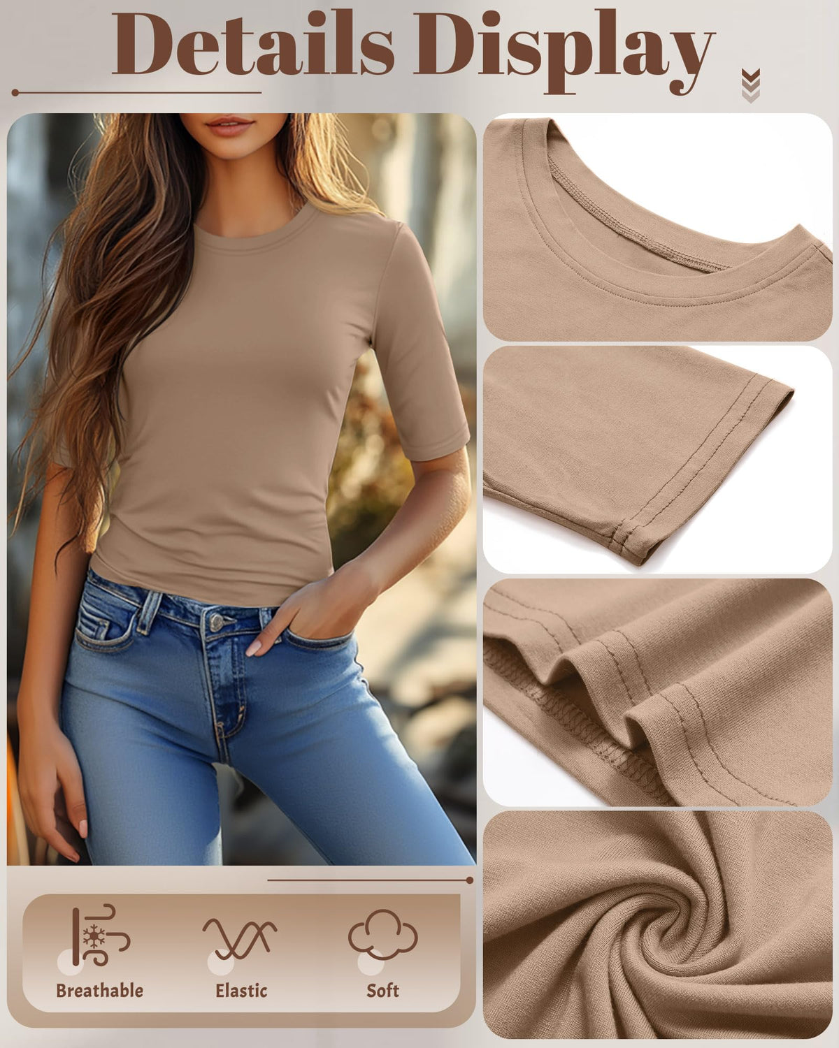 Riyiper 3 Pack Women's 1/2 Sleeve Tops Half Length Sleeve Cotton Crewneck T Shirts Slim Fit Casual Elbow Summer Basic Tees(Black, White, Khaki,S)