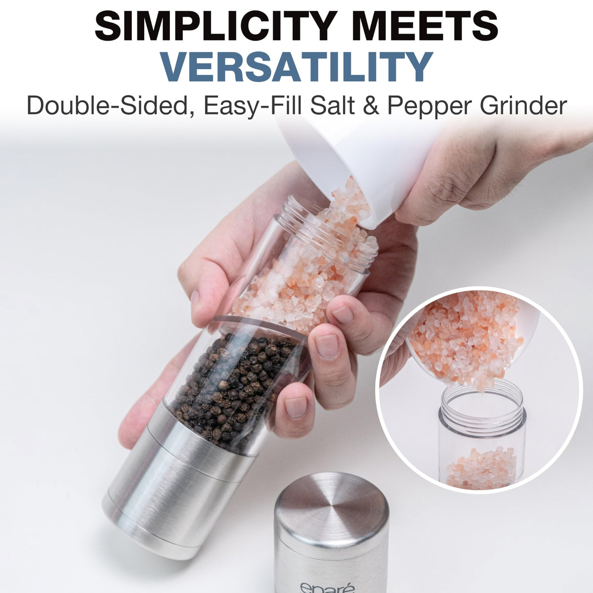 Eparé 2 in 1 Salt and Pepper Grinder Combo – Dual Space Saving for Kitchen & Dining - Manual Stainless Steel Salt and Pepper Grinder in One