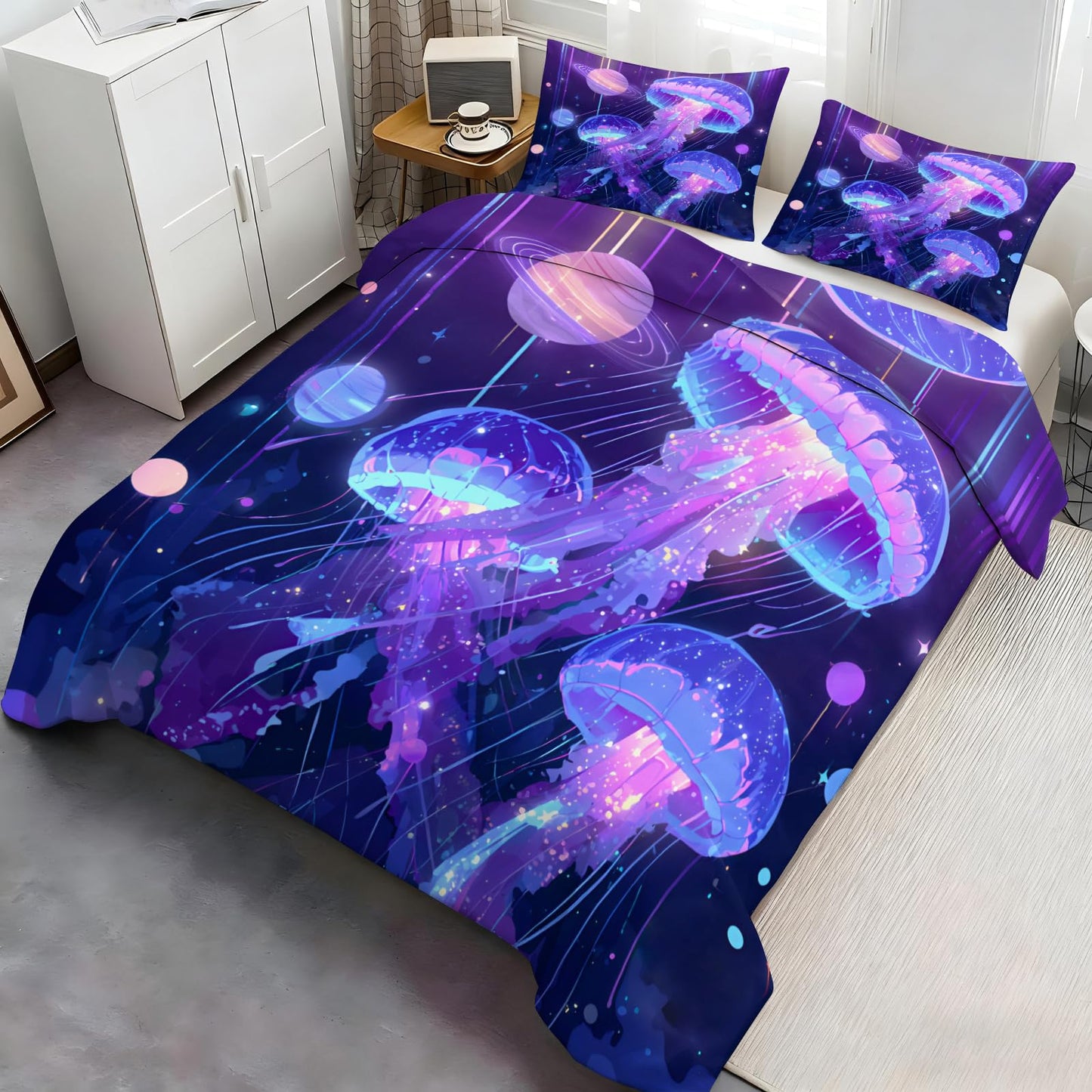 Jellyfish Duvet Cover Set King Size Lightweight for Kids Girls Boys, Ocean Aquatic Animal Jellyfish Bedding Set 3 Pieces with Zipper Closure, Sea Underwater World Comforter Cover with 2 Pillowcases