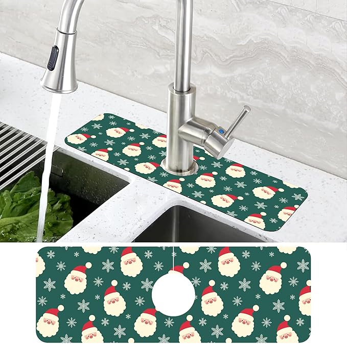 Christmas Kitchen Sink Splash Guard Mat Santa Claus and Snowflakes Sink Splash