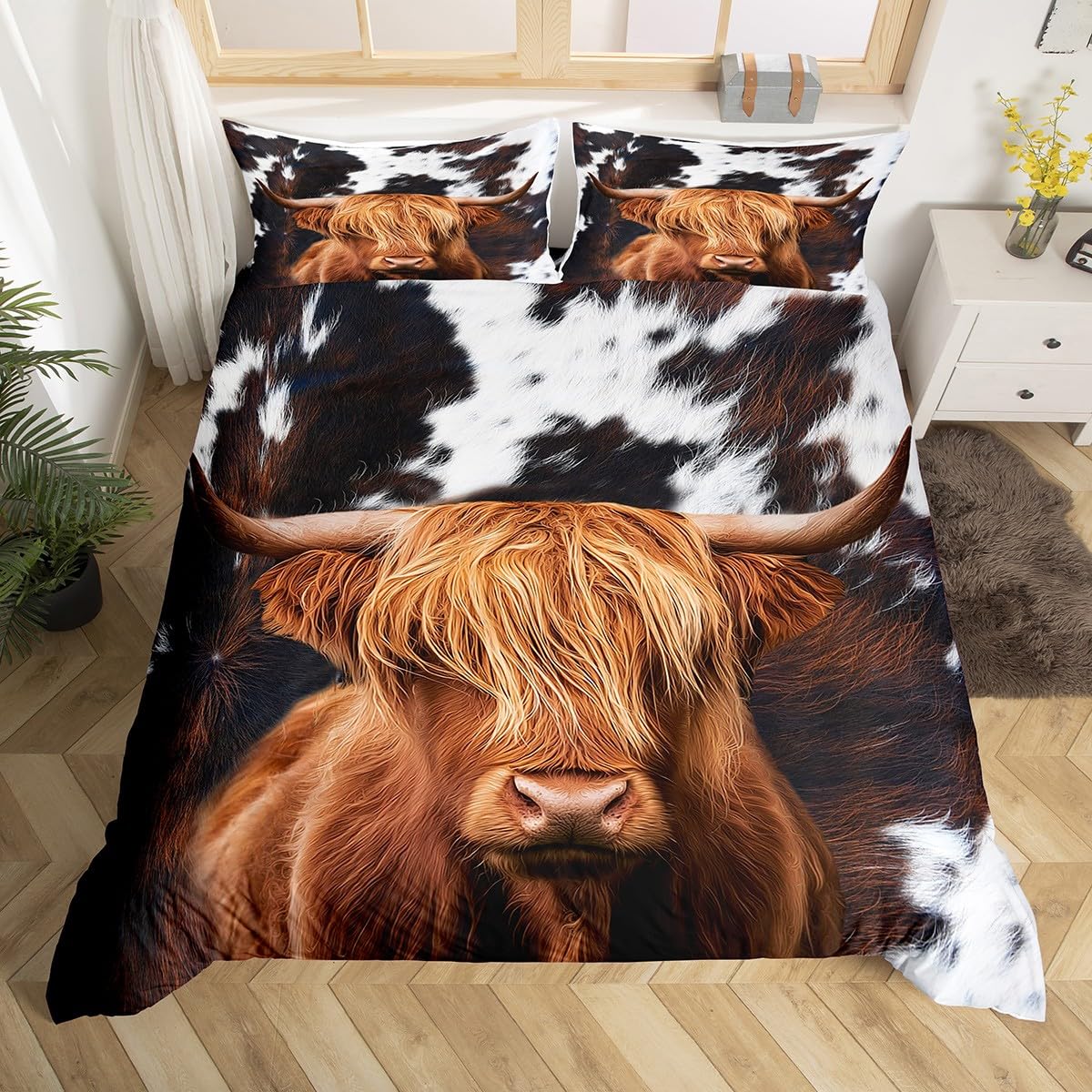 Highland Cattle Duvet Cover Set Queen,Cow Fur Bedding Set 3pcs for Kids Teens Boys Girls Room Decor, Farmhouse Animals Cowhide Comforter Cover Black White Brown Rustic Quilt Cover with 2 Pillowcases