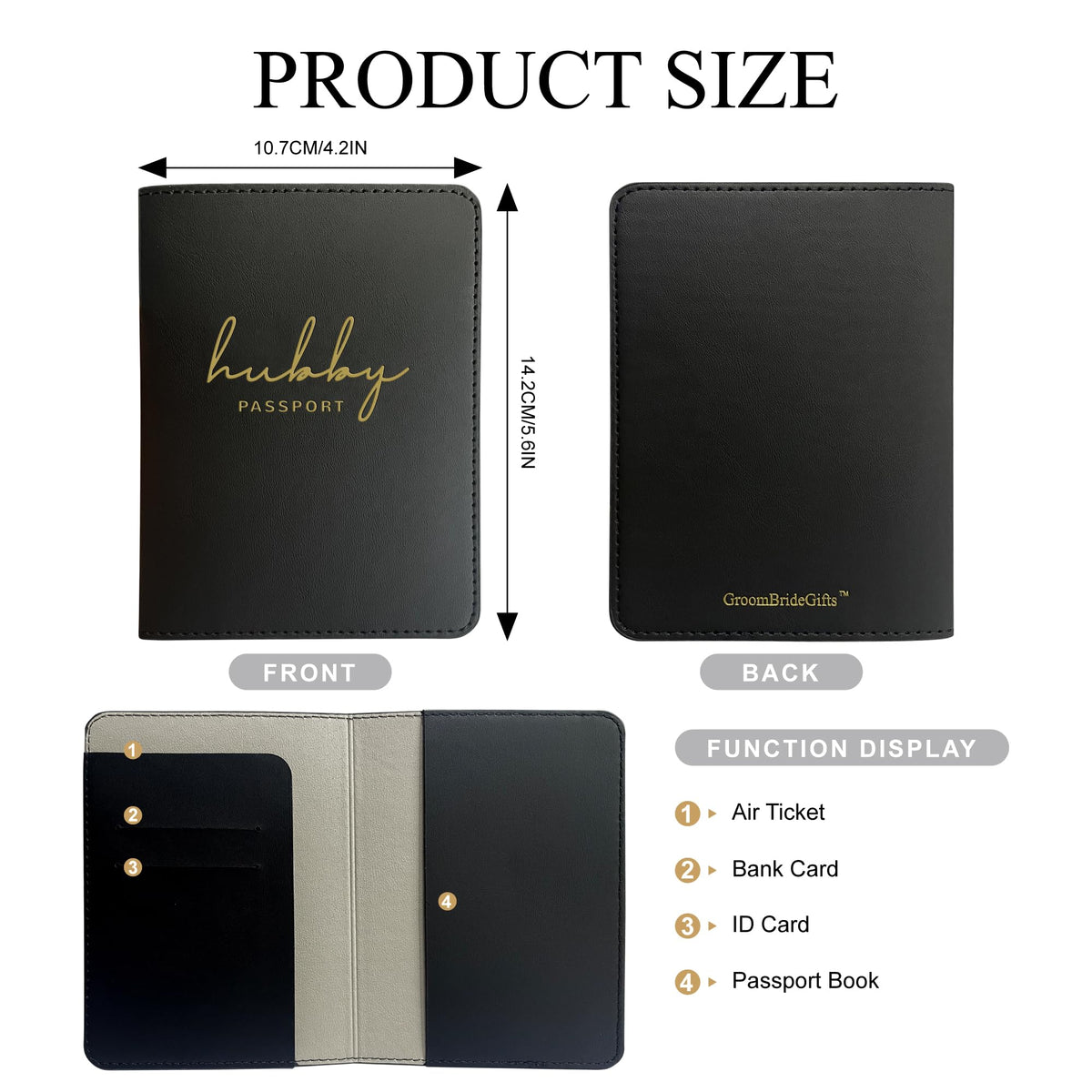 Mr&Mrs Gifts Matching Passport Holders for Bride and Groom, Hubby&Wifey Gold Foil Logo, Dual PU Leather with Card Pockets, Honeymoon Travel Essentials Gift for Newlyweds(HW Black White)
