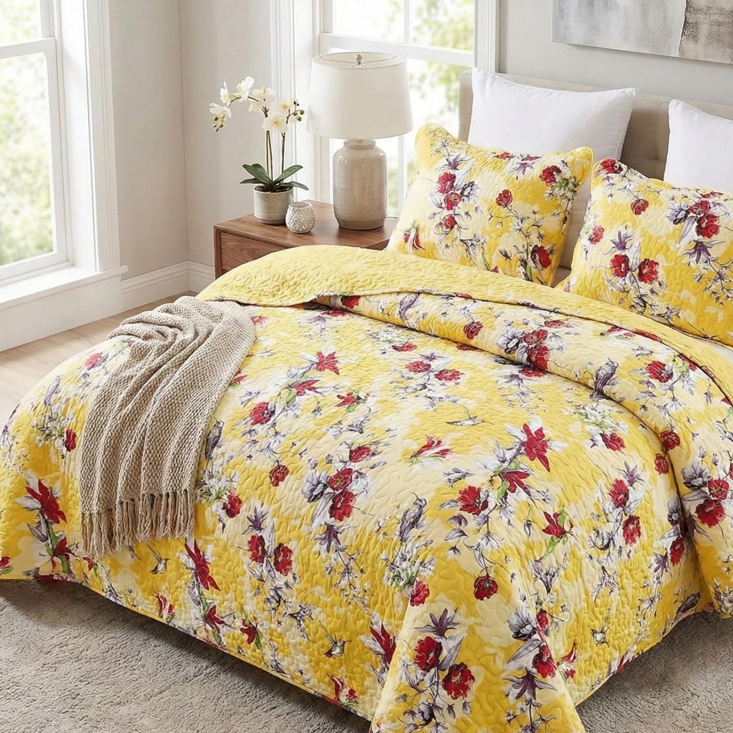 DaDa Bedding Radiant Sunshine Yellow Floral Bedspread Set - Hummingbirds Farmhouse Red Flowers Garden Quilted Coverlet - Scalloped Edges Bright Vibrant Multi-Colorful - Queen - 3-Pieces