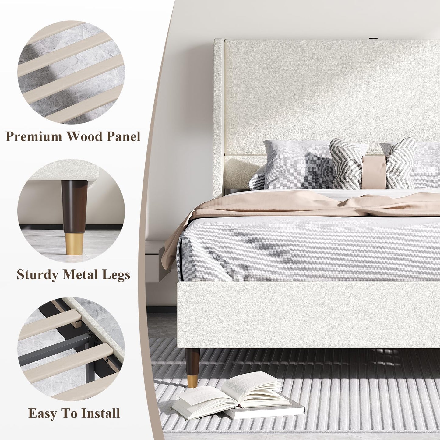 MALOL Queen Size Bed Frame with Upholstered Headboard, Linen Fabric Platform Bed Frame with USB Charging Ports, No Box Spring Needed, Sturdy Metal Support, Noise Free, Modern Bedroom Furniture,White