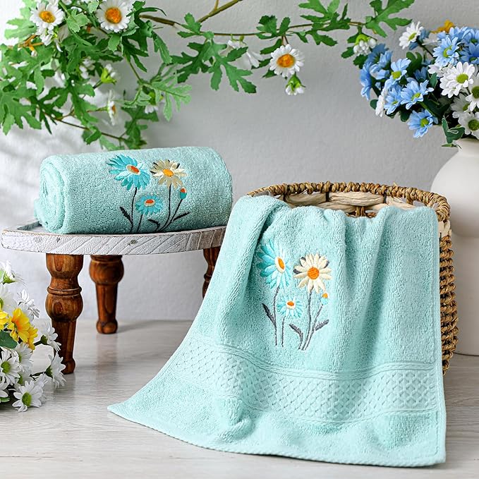 2 Pcs Daisy Hand Towels Teal Flower Bathroom Decor 14x29 Inch Embroidered 100%