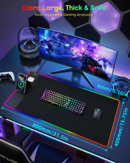 abc.mat 4-in-1 RGB Gaming Mouse Pad with Wireless Charging & Phone Stand, 31.5"x15.8" Large, 24 Light Effects, Non-Slip Base, Waterproof Ultra-Smooth Surface, with Adatper, No Adatper