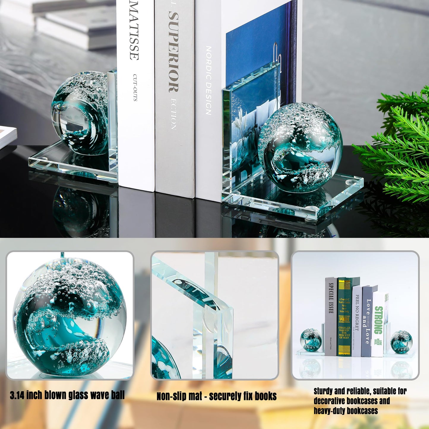 Book Ends for Shelves, Glass Bookends with Dark Blue Glass Hand Blown Sea Wave Ball, Non Skid Sturdy Decorative Bookends for Ocean Lovers, Heavy Books, Office, Set of 2