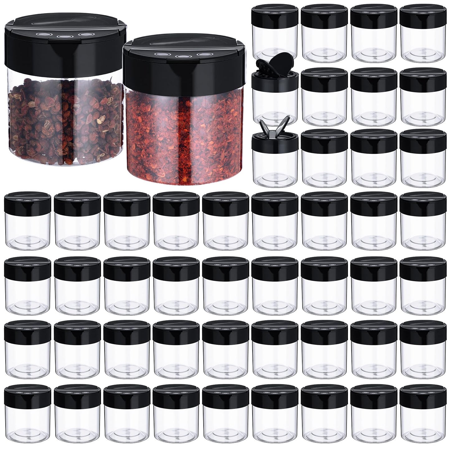 Yiyiring 50 Pack 4.7 oz Plastic Spice Jars with Black Cap Empty Clear Plastic Spice Bottle Containers Reusable Seasoning Jars with Shaker Lids for Kitchen Storing and Dispensing Salt Powders