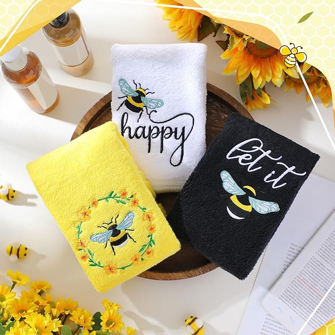 Bee Hand Towels Farmhouse Summer Yellow Bathroom Decor 14x29 Inch Embroidered