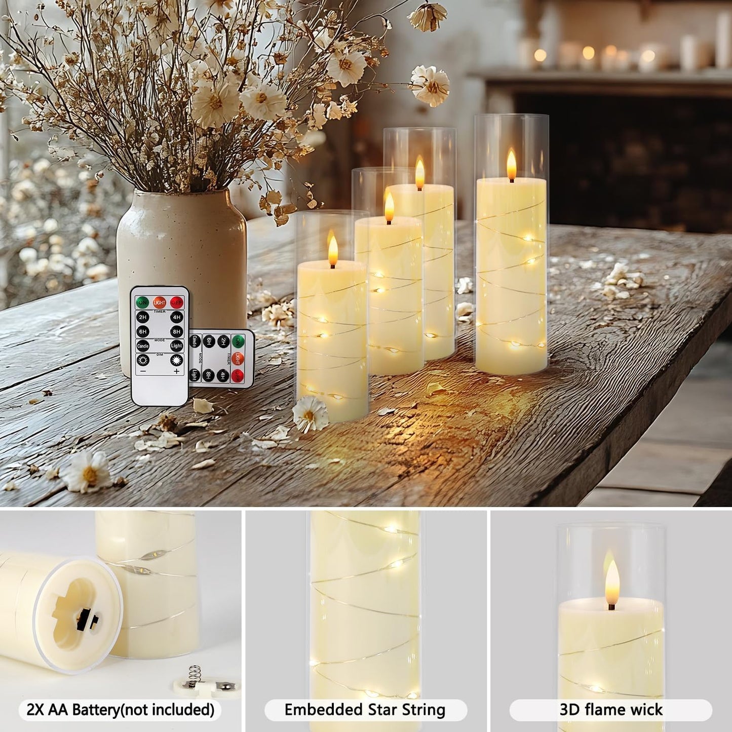 Grcdoyvl 24-Piece Ivory Flameless LED Candles with Remote, Embedded Fairy Lights for Christmas Decor. Battery-Powered with Timer, Safe & Elegant for Cozy Romantic Home, Wedding, Party.