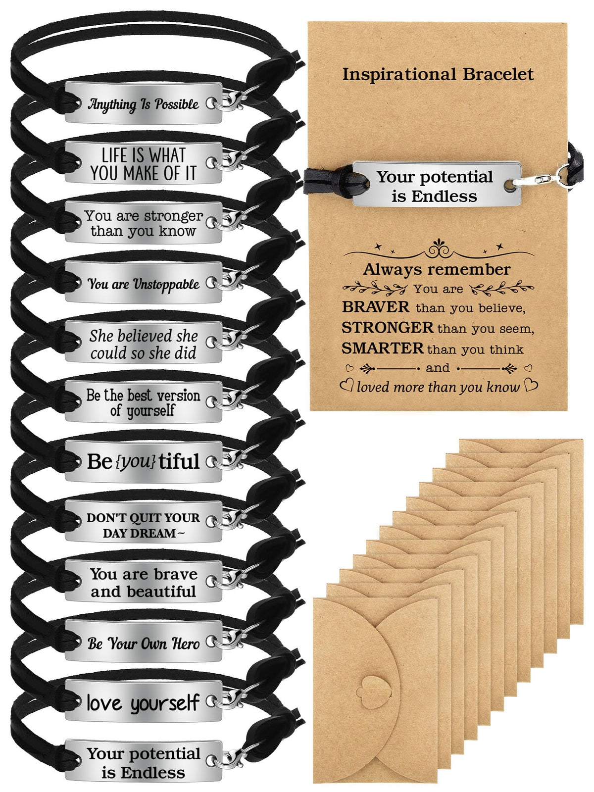 Nosiny Inspirational Gifts for Women Men with Gift Cards Envelopes Engraved Inspirational Bracelets Encouragement Jewelry Bracelets for Teen Friendsgiving(24 Pack)
