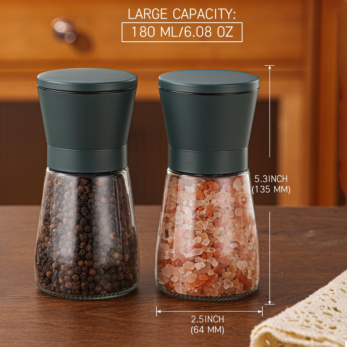 DAVIMADE Stone Blue Salt and Pepper Grinder Set of 2, Refillable & Adjustable Coarseness with Ceramic Blades，Premium Stainless Steel Hand Mills, Bonus Silicone Funnel