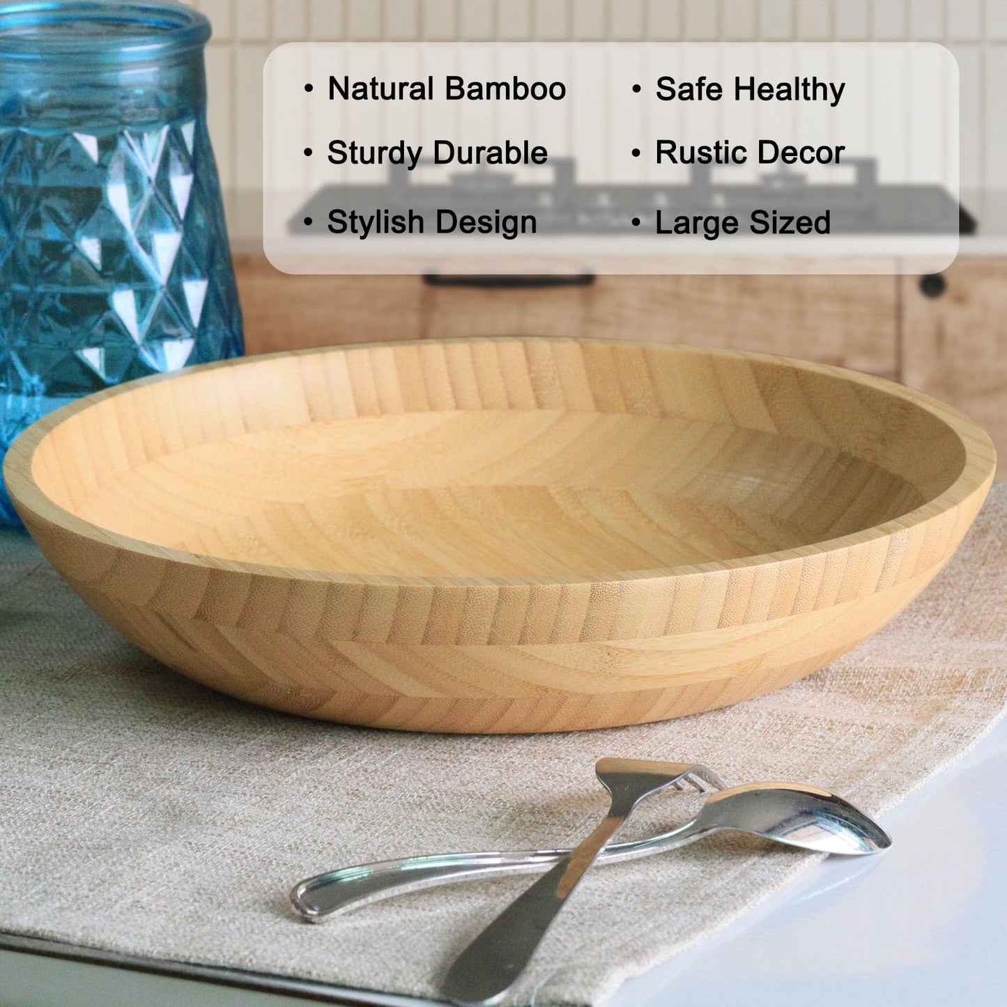 ZTHapwa Bamboo Salad Bowl, 12'' Large Fruit Bowl for Kitchen Counter, Bamboo Wooden Big Serving Bowls for Snacks/Desserts/Appetizers/Nuts/Soup, Farmhouse Decorative Dish for Home Décor, 100 oz