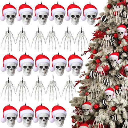 Soulchen 24 Pcs Christmas Gothic Decorations Skull Tree Hanging Ornament with Santa Hat Halloween Skulls Head and Hand Small Skeleton Decoration Spooky Christmas Hanging Ornament for Party Supply