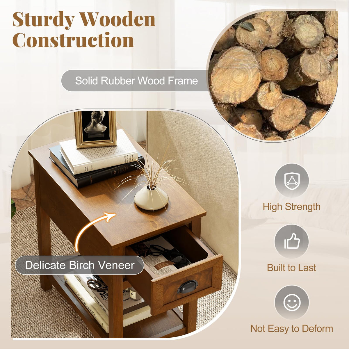 Giantex End Table with Drawer, Retro Narrow Side Table, Nightstand with Solid Wood & Storage Shelf, Bedside Table for Living Room Bedroom Small Space Home Office (1, Tawny)