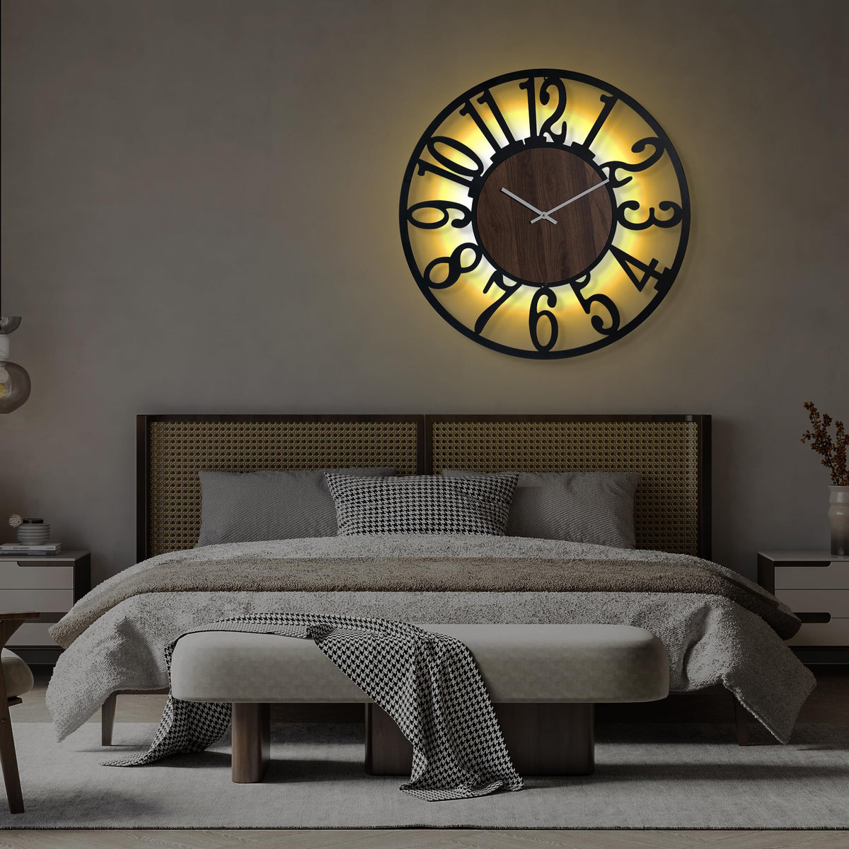 LEIKE Large Wall Clock 32'' Lighted Rustic Wood Clock with Remote Timer, Silent Battery Operated Modern Oversized Wall Clock for Living Room, Bedroom, Farmhouse, Home Decor, Large Number Display
