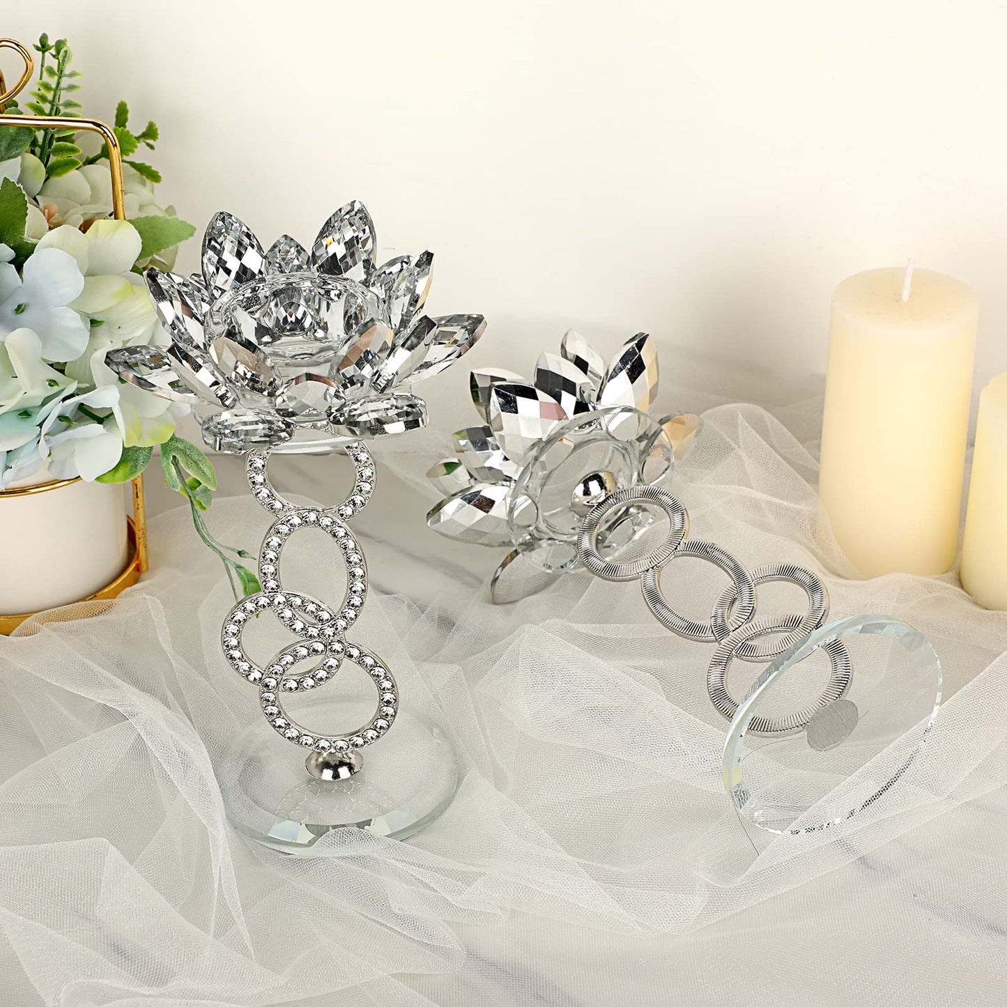 OwnMy Set of 2 Crystal Lotus Flower Candle Holders Metal Glass Lotus Pillar Candlestick Holders, Silver Crystal Lotus Tealight Candlesticks Votive Candle Stands for Wedding Table Centerpiece, 7.5" H