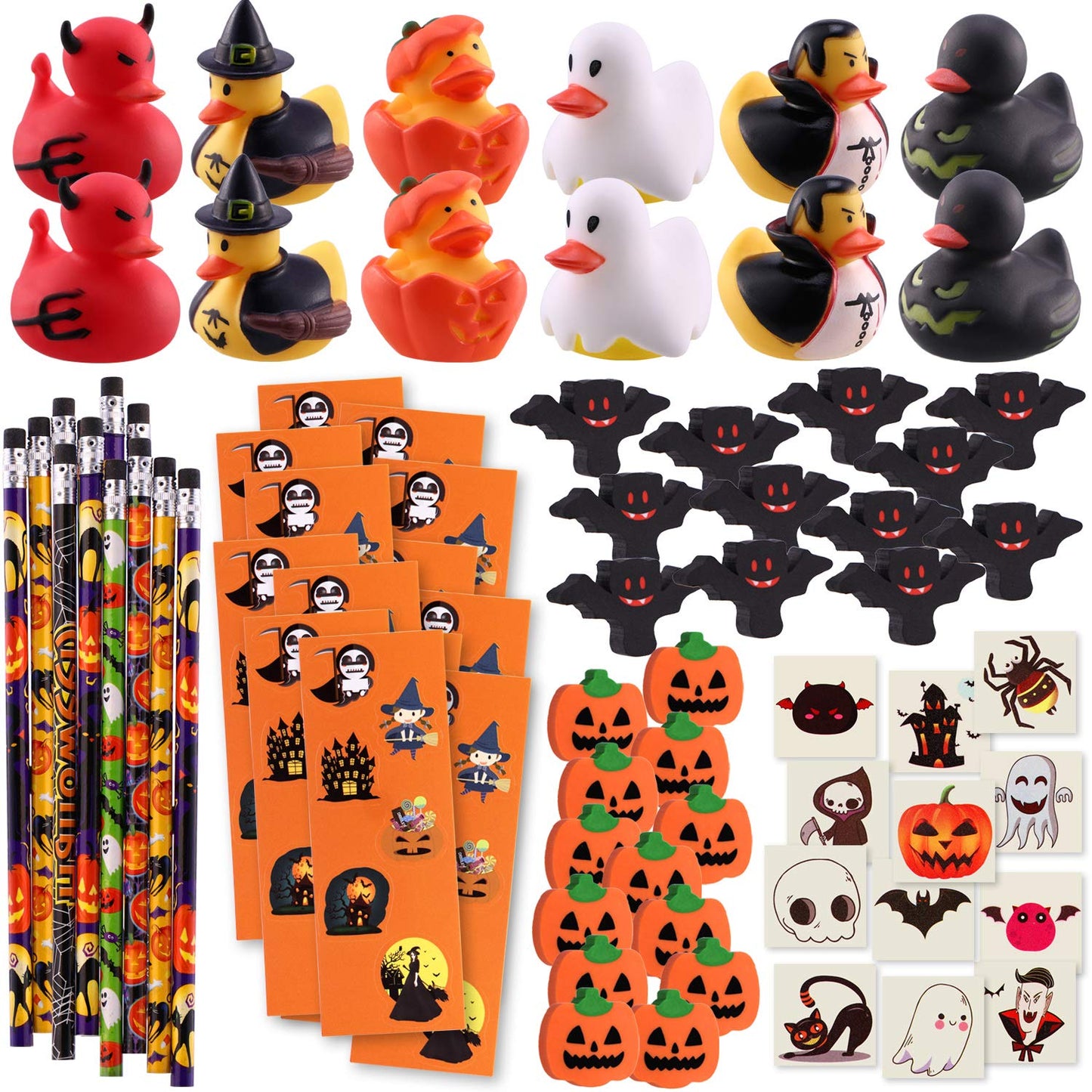 NEWBEA 156-Piece Party Favors Assortment | 72 Glitter Tattoos | 48 Erasers | 12 Ducks | 12 Sticker Sheets | 12 Pencils - Halloween Themed