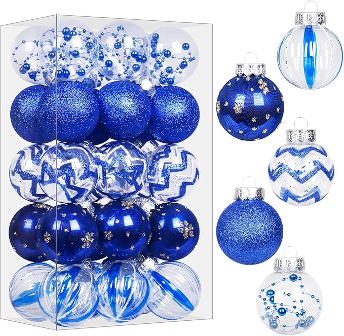 SY Super Bang 30PCS Blue Christmas Ornaments Set, 60MM/2.36" Clear Plastic Shatterproof Ball Ornaments for Christmas Tree Hanging Decorations, for Home Holiday Party Xmas Decor.