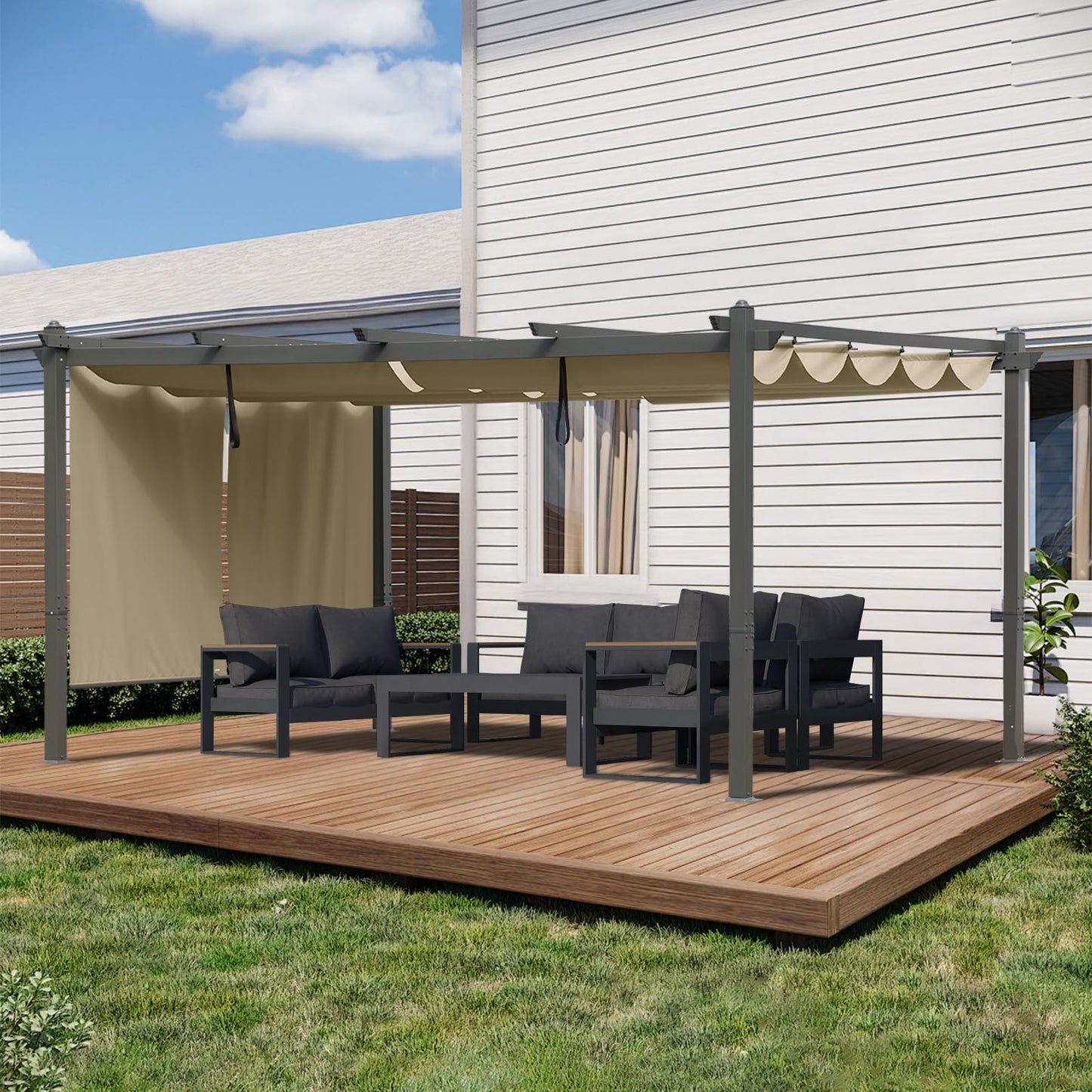 BPS 12x16 FT Outdoor Pergola - Retractable Shade Canopy with Aluminum Frame & Roller Shade Curtains for Patio, Backyard, or Deck, Khaki