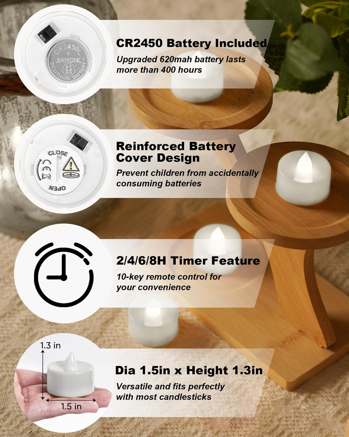 BEICHI Remote Candles, 24 Pack Timer Candle, Flameless Tea Lights Candle Battery Operated, Flickering LED Tea Lights, Timer Battery Votive Candles- Pure White- White Base