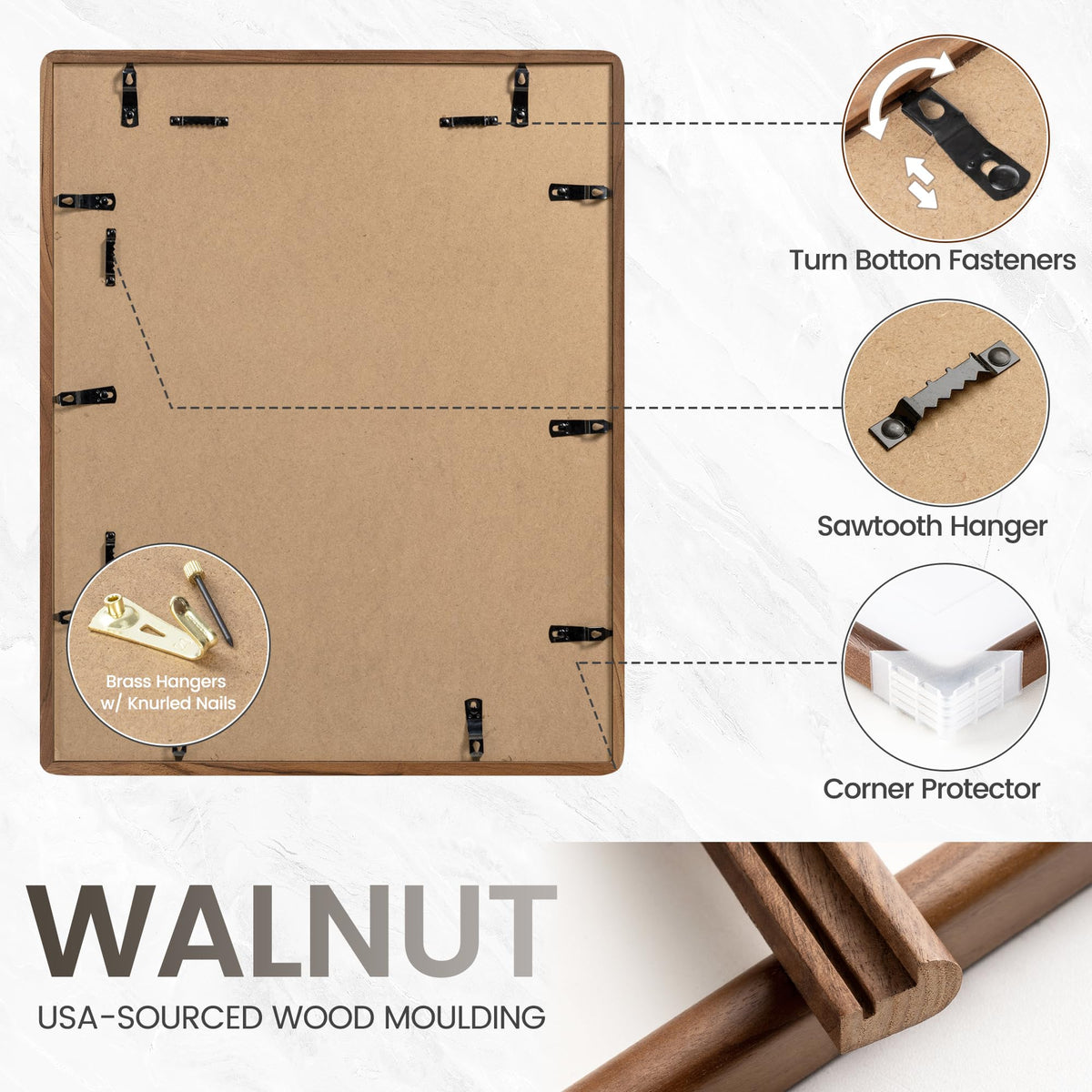 FLYJOE 11x14 Picture Frame, Natural Solid Walnut Wood Photo Frame with HD Tempered Glass, Rounded Corner Wooden Frame 11 x 14 Matted to 8x10, Horizontal or Vertical Wall Mounting