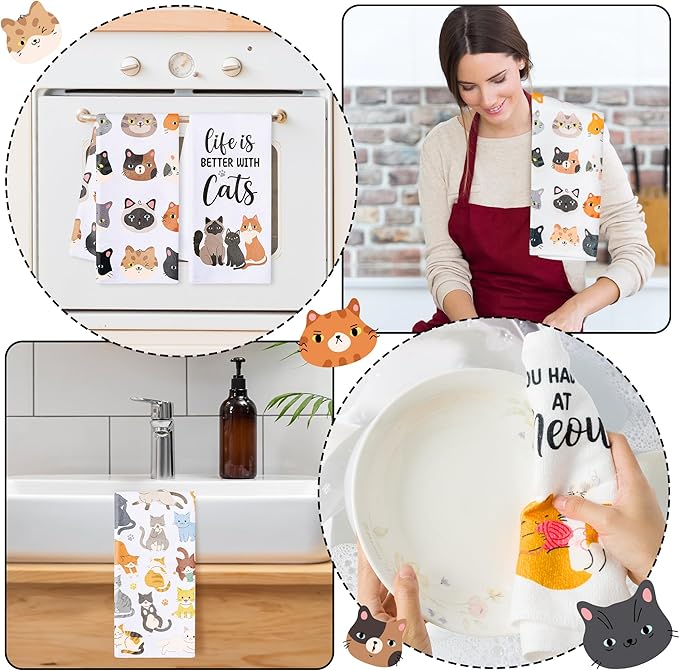 R HORSE 5Pcs Funny Kitchen Dish Towels, Cute Cat Dishcloths Gift, Absorbent