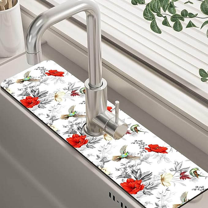 Poppy Wildflower Nightingale Sink Faucet Absorbing Mat Sink Splash Guard Faucet