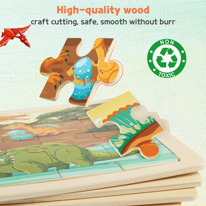 SYNARRY Wooden Dinosaur Jigsaw Puzzles for Kids Ages 3 4 5 6, 4 Packs 24 Piece Dino Puzzles, Preschool Educational Games Gifts for Children, Dinosaur Toys for 3 4 5 6 Year Old Boys Girls