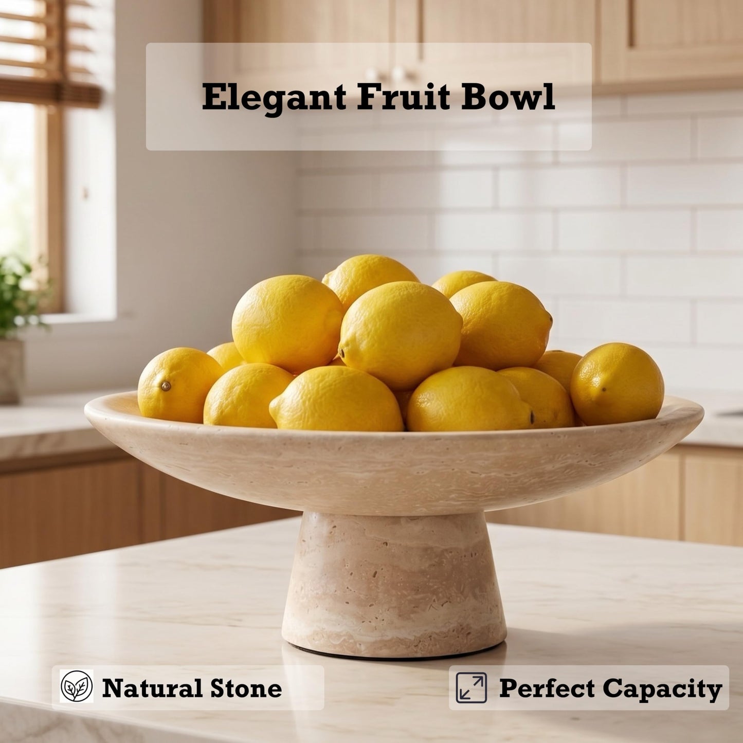 BekPooQ Travertine Fruit Bowl for Kitchen Counter, 10.2" Large Decorative Pedestal Stone Bowl, Natural Marble Centerpiece Bowl for Dining Table, Modern Organic Kitchen & Home Decor