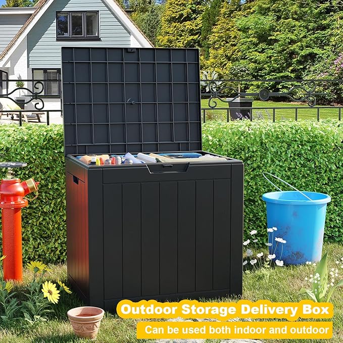 EasyUp 33 Gallon Resin Deck Box Waterproof, UV Resistant Outdoor Storage Box for Delivery, Porch, Patio and Garden, Stripe Black