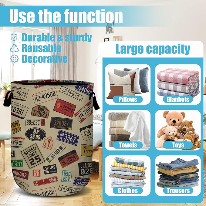 Colourful Car Number Plates Laundry Basket, Laundry Hamper Collapsible Oxford