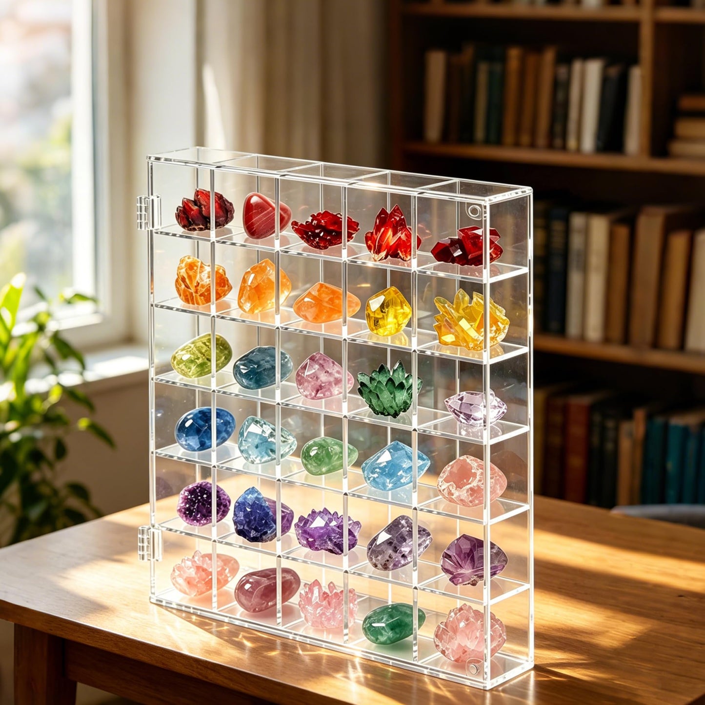 REZBLEATH 30 Grid Acrylic Clear Display Case Adjustable Crystal Display Shelf Rock Collection Box for Storage Crystals Stones and More, Wall Mounted Transparent Rock Display Box with Magnetic Lid