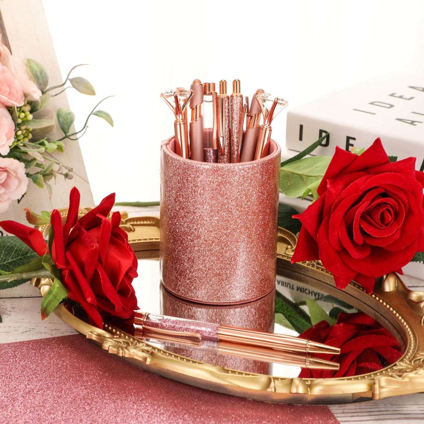 Sabary 8 Pcs Rose Gold Pens with Pen Holder for Desk Glitter Crystal Diamond Cute Ballpoint Fancy Pencil Holder Bling Desk Organizer for Women Girls Gifts School Office Valentine Supplies